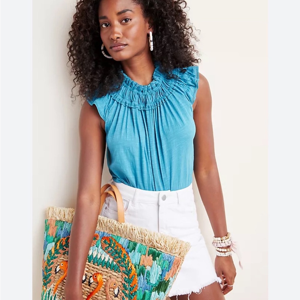 BOGO! NWT Anthropologie Ranna Gill Freya Ruffle Neck Top Blue Large